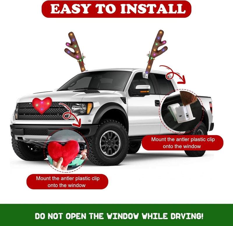 Hydencamm Rudolph Car Decoration with LED Lights, Car Antlers for Christmas with Window Sticker, Jingle Bells, Rudolph Nose - Car Reindeer Auto Holiday Accessories Decoration Kit for SUV Van Truck - Image 3